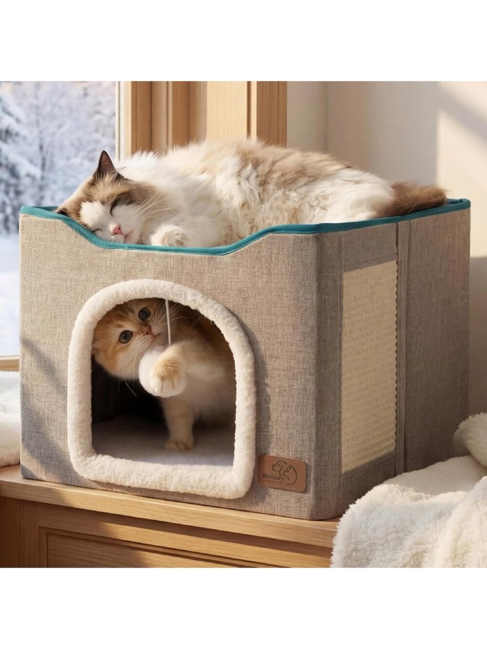 New Cat Beds for Indoor Cats Large Foldable Cat Cave with Hanging Ball - Grey